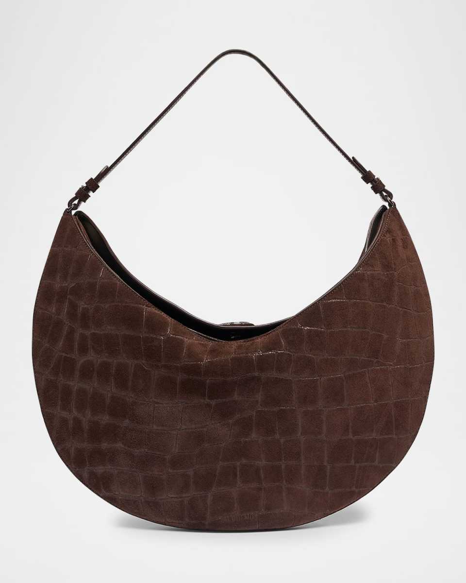 Le Calisson Rond Croc-Embossed Suede Shoulder Bag